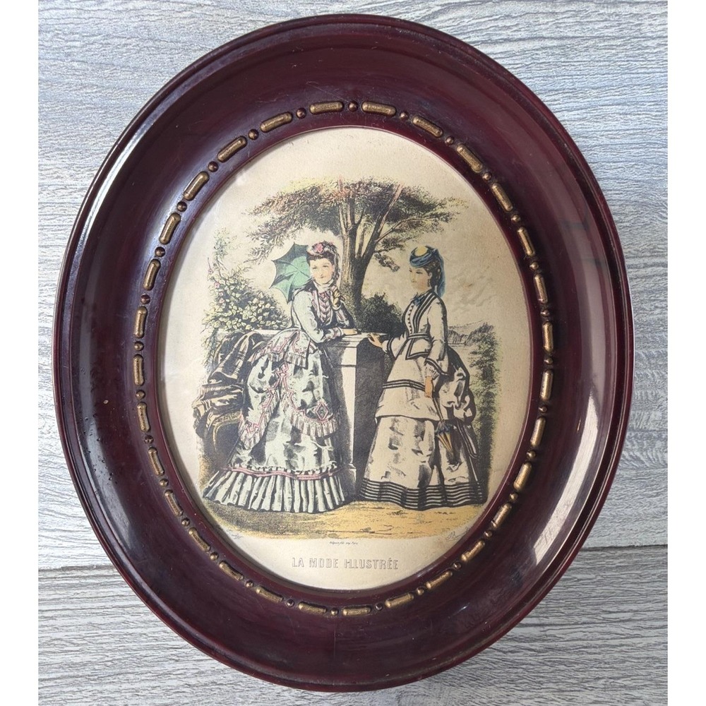 Vtg French Victorian Fashion Lithograph Print Oval Frame La Mode Illustree Imp
